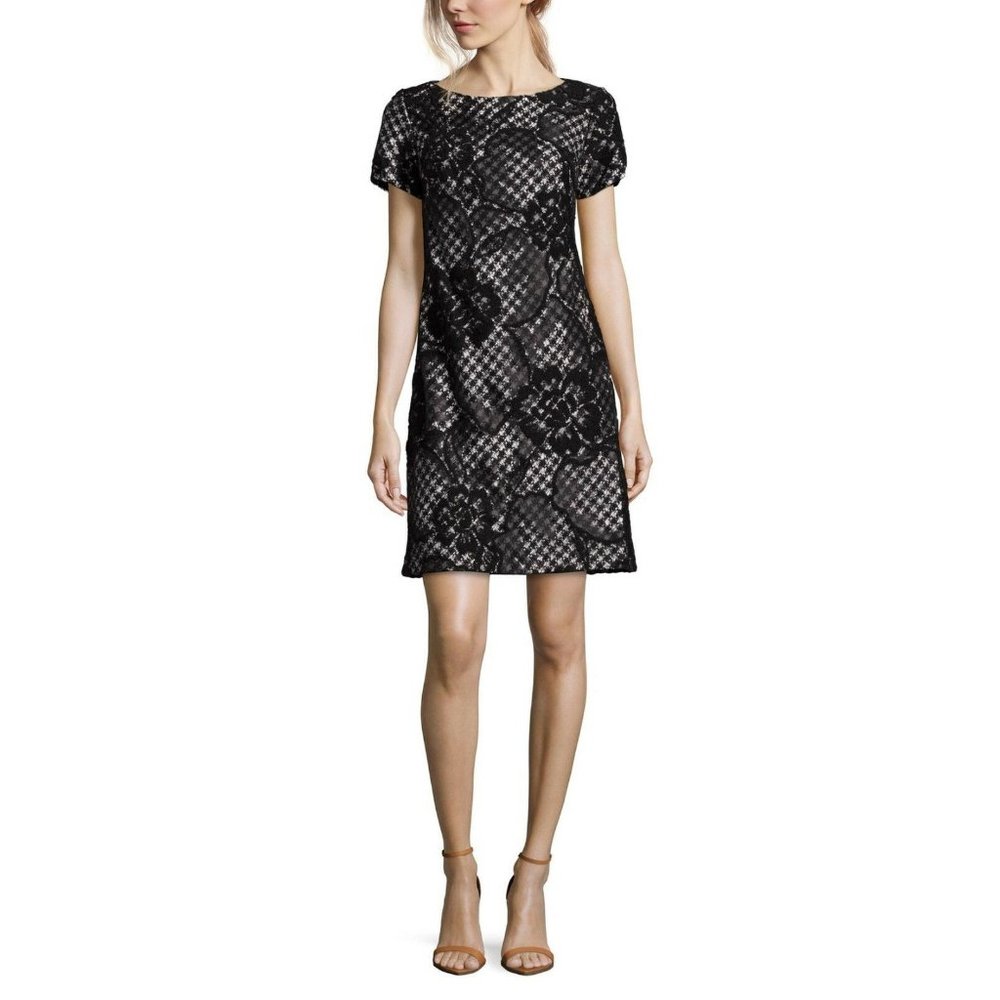 DONNA RICCO Lace Over Metallic Tweed Sheath Dress